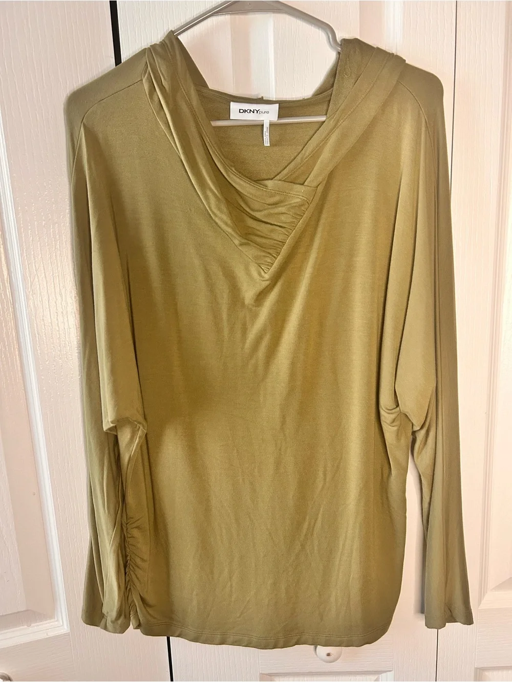 DKNY Pure Sweatshirt Womens XL Hooded Ruched Sides Silky Drape Soft Green